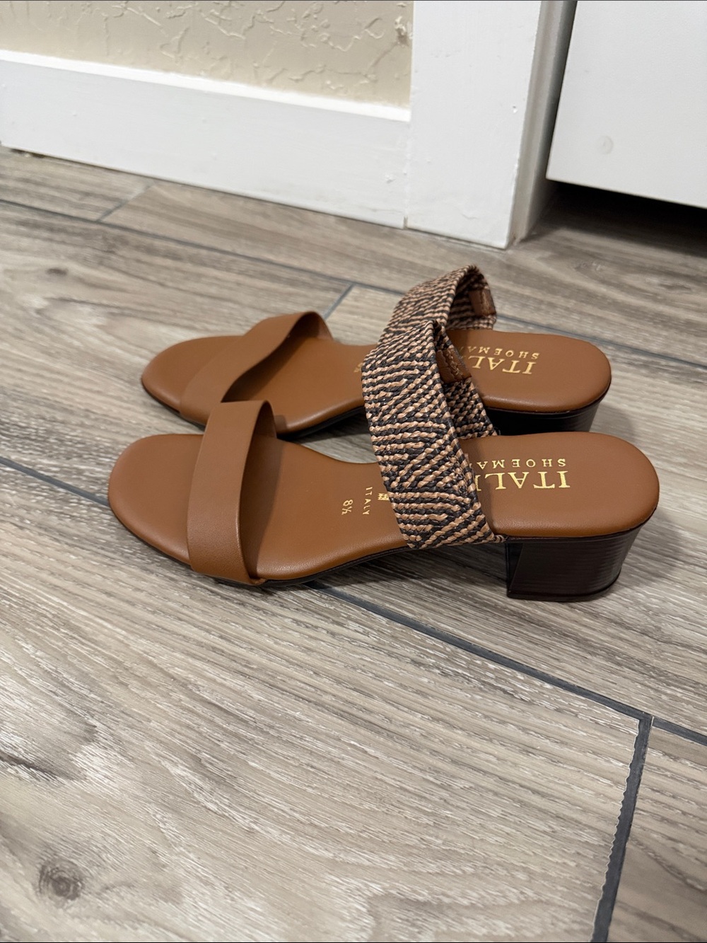 Italian Shoemakers Tan and Brown Woven Strap Low Block Heel Mules